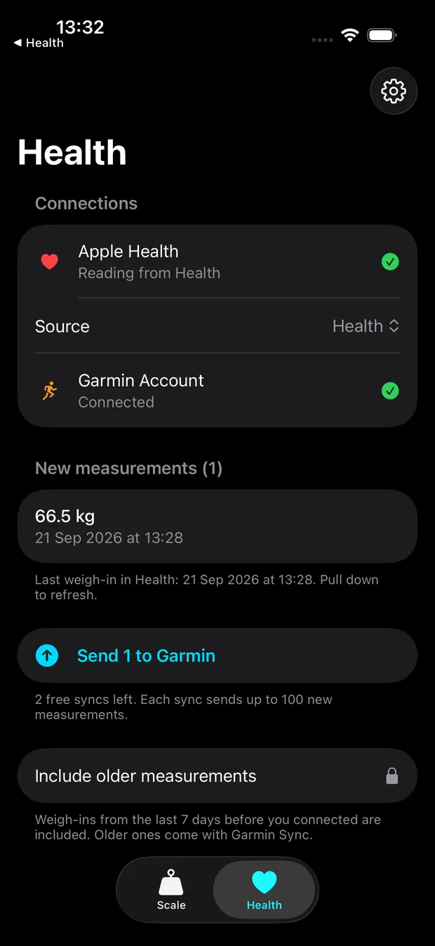 Scale Relay's Health tab showing Apple Health connected, the source selector, the Garmin account row and a new weigh-in waiting to be sent