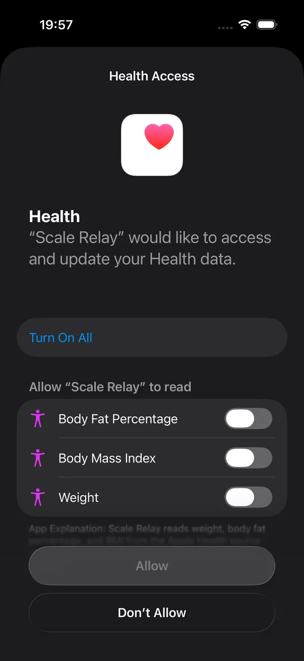 iOS Health Access sheet asking to allow Scale Relay to read Body Fat Percentage, Body Mass Index and Weight