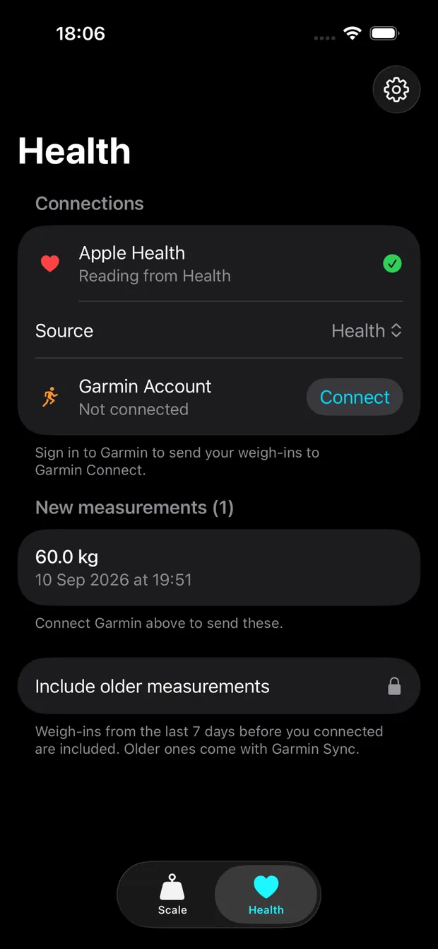 The Health tab in Scale Relay listing a new weigh-in read from Apple Health, with connections for Apple Health and a Garmin account